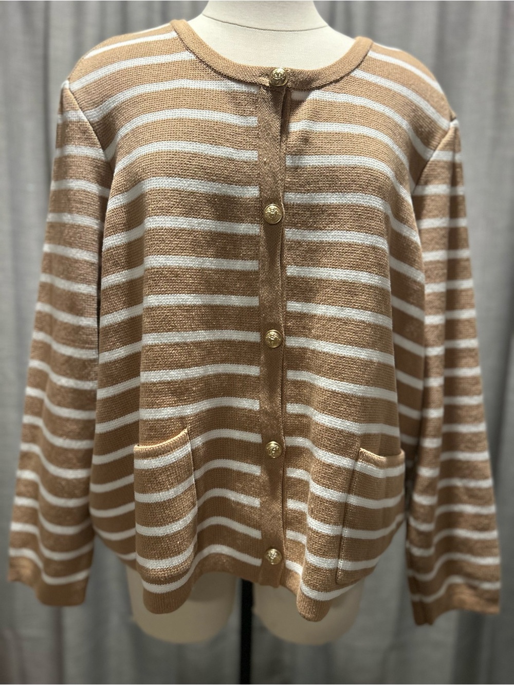 crown & ivy Tan and White Striped Button-Front Cardigan